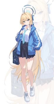 1girl absurdres bag black_skirt blonde_hair blue_archive blue_eyes blue_hair blue_halo blue_jacket blue_necktie breasts collarbone collared_shirt commentary english_commentary full_body halo highres jacket legs long_hair medium_breasts multicolored_hair necktie pleated_skirt school_uniform shirt shoes shoulder_bag skirt solo streaked_hair toki_(blue_archive) toki_(school_uniform)_(blue_archive) two-tone_hair very_long_hair wh0_r_uo_o white_background white_shirt white_shoes zoom_layer