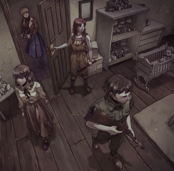 Rule 34 | 1boy, 3girls, abella (fear &amp; hunger), absurdres, black hair, black ribbon, black shirt, blonde hair, blue dress, bomber jacket, box, brown dress, brown jacket, camera, character doll, commentary, crib, doll, dress, fear &amp; hunger (series), fear &amp; hunger 2: termina, full body, green jumpsuit, gun, highres, holding, holding camera, holding gun, holding weapon, jacket, jewelry, jumpsuit, karin (fear &amp; hunger), levi (fear &amp; hunger), long hair, long skirt, marina (fear &amp; hunger), multiple girls, opening door, overalls, pants, pink skirt, pipe wrench, ponytail, red hair, ribbon, shirt, short hair, skirt, stuffed toy, toy, weapon, wenny02, white shirt, wooden door, wrench, yellow overalls