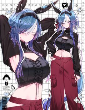 1girl absurdres admire_groove_(umamusume) animal_ears armpits arms_behind_head arms_up barcode black_bow black_hairband black_shrug blue_eyes bow breasts character_name cleavage closed_eyes closed_mouth cowboy_shot cross cross-laced_clothes cross-laced_top cross_necklace drawstring ear_covers fingernails grid hair_bow hairband heart highres horse_ears horse_girl horse_tail jewelry large_breasts long_sleeves looking_at_viewer midriff multicolored_hair multiple_views navel necklace outline pants pocket purple_eyes red_bow red_pants short_hair_with_long_locks shrug_(clothing) streaked_hair tail tetora_(oudonoishiize) translation_request umamusume upper_body watermark white_hair white_outline