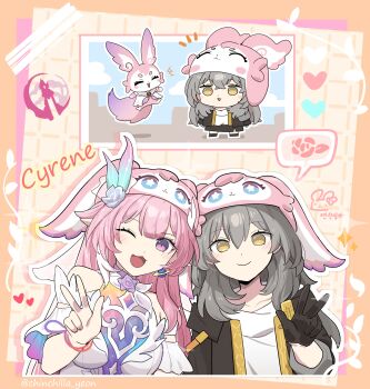 2girls absurdres animal_hat bare_shoulders black_gloves black_jacket breasts character_name chibi closed_mouth commentary cyrene_(honkai:_star_rail) cyrene_(ripples_of_past_reverie)_(honkai:_star_rail) detached_sleeves dress gloves grey_hair hair_ornament hat heart highres honkai:_star_rail honkai_(series) jacket long_hair looking_at_viewer medium_breasts mem_(honkai:_star_rail) multiple_girls one_eye_closed ooyun open_mouth pink_hair pink_hat purple_eyes remembrance_symbol_(honkai:_star_rail) shirt side-by-side smile stelle_(honkai:_star_rail) symbol-only_commentary trailblazer_(honkai:_star_rail) twitter_username upper_body w white_dress white_shirt yellow_eyes
