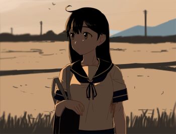 1girl ahoge bag bird black_hair breasts closed_mouth evening hair_between_eyes kantai_collection long_hair neckerchief ojipon outdoors power_lines rice_paddy sailor_collar school_bag school_uniform serafuku short_sleeves sky solo upper_body ushio_(kancolle) utility_pole