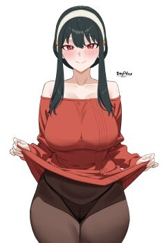 1girl absurdres artist_name bare_shoulders big_ddos black_hair black_panties blush breasts brown_pantyhose closed_mouth collarbone cowboy_shot curvy dress hairband highres large_breasts off-shoulder_sweater off_shoulder panties panties_under_pantyhose pantyhose red_eyes red_sweater sidelocks simple_background smile solo spy_x_family sweater sweater_dress thighs underwear white_background white_hairband wide_hips yor_briar