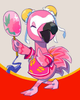 1girl animal_crossing beak bird bird_girl bun_cover chinese_clothes commentary_request dress flamingo flora_(animal_crossing) floral_print full_body furry furry_female hand_fan highres holding holding_fan kopa_nishikida nintendo one_eye_closed open_mouth pink_dress solo standing tail