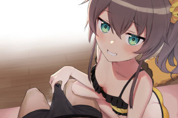 1boy 1girl absurdres aqua_eyes bare_shoulders breasts brown_hair bulge butt_crack camisole commentary crop_top green_eyes hair_between_eyes handjob hetero highres hololive looking_at_viewer medium_hair nagashi_mangan natsuiro_matsuri natsuiro_matsuri_(matsuri&#039;s_day_off) naughty_face orange_shorts short_shorts shorts side_ponytail small_breasts smile spaghetti_strap teasing touching_another&#039;s_crotch virtual_youtuber yellow_camisole