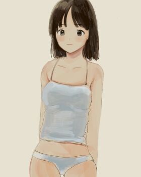 1girl black_hair brown_background camisole choppy_bangs closed_mouth commentary_request cowboy_shot expressionless grey_eyes highres looking_at_viewer medium_hair nena_labo no_pants original panties simple_background sketch solo spaghetti_strap standing underwear white_camisole white_panties