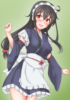 Rule 34 | 1girl, alternate costume, anti (untea9), apron, black hair, black kimono, blush, brown eyes, commentary request, frilled apron, frills, gradient background, green background, hair between eyes, hatsushimo (kancolle), highres, japanese clothes, kantai collection, kimono, long hair, long sleeves, looking at viewer, low-tied long hair, maid, maid apron, maid headdress, open mouth, red eyes, short kimono, smile, solo, wa maid, white apron, wide sleeves
