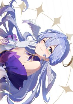 1girl bare_shoulders blue_hair bracelet closed_mouth detached_sleeves dress earrings face_jewel floating_hair gloves hair_between_eyes halo hand_up head_wings highres honkai:_star_rail honkai_(series) jewel_under_eye jewelry long_hair looking_at_viewer miyanami_3 one_eye_closed purple_dress robin_(honkai:_star_rail) single_earring smile solo two-tone_dress upper_body white_dress white_gloves wings