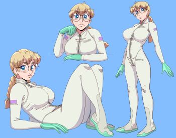 Rule 34 | blonde hair, bodysuit, braid, braided ponytail, bsfs, commander rab(layer industries), glasses, gloves, latex, latex bodysuit, latex gloves, on floor, tm (bsfs), zipper