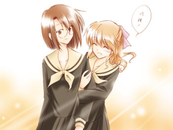 00s 2girls blonde_hair brown_eyes brown_hair closed_eyes glasses maria-sama_ga_miteru multiple_girls naitou_shouko ribbon school_uniform serafuku short_hair shouko skirt smile speech_bubble takeshima_tsutako