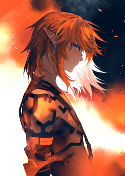 1boy armor blonde_hair blue_eyes bodypaint closed_mouth coldiron earrings embers fire from_side highres jewelry link long_hair looking_at_viewer male_focus medium_hair nintendo pointy_ears profile shoulder_belt sidelocks solo the_legend_of_zelda the_legend_of_zelda:_tears_of_the_kingdom topless_male upper_body