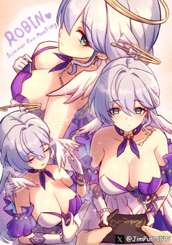 1girl absurdres alternate_breast_size bead_bracelet beads bracelet breasts character_name choker cleavage closed_eyes closed_mouth collar collarbone detached_collar dress earrings elbow_gloves feathered_wings from_side gloves green_eyes hair_between_eyes hair_intakes halo head_wings heart highres holding holding_paper holding_pen honkai:_star_rail honkai_(series) hot jewelry jimpu6 large_breasts long_hair looking_at_viewer multiple_views open_mouth paper pen purple_collar robin_(honkai:_star_rail) signature smile sparkle star_(symbol) star_choker sweat twitter_username twitter_x_logo upper_body very_long_hair waving white_dress white_gloves white_hair white_wings wings yellow_halo