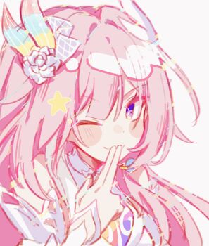 1girl ;) bare_shoulders commentary cyrene_(honkai:_star_rail) cyrene_(ripples_of_past_reverie)_(honkai:_star_rail) diamond-shaped_pupils diamond_(shape) dress flower hair_flower hair_ornament highres honkai:_star_rail honkai_(series) long_hair looking_at_viewer mi_(27782900) one_eye_closed pink_hair purple_eyes simple_background smile solo symbol-only_commentary symbol-shaped_pupils upper_body very_long_hair white_background white_dress