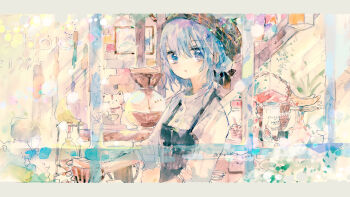 1girl apron bandana basket black_apron blue_eyes blue_hair coffee_pot coffee_siphon hair_ribbon headscarf highres kazuka kitchen looking_at_viewer looking_through_window medium_hair original painting_(medium) ribbon shirt solo traditional_media upper_body watercolor_(medium) white_shirt