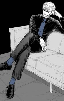 Rule 34 | 1boy, alternate hairstyle, black background, blue necktie, blue socks, collared shirt, commentary request, couch, crossed legs, full body, glasses, gojou satoru, greyscale, highres, jujutsu kaisen, male focus, monochrome, nay bb, necktie, on couch, pants, rectangular eyewear, shirt, shoes, short hair, simple background, sitting, socks, solo, spot color