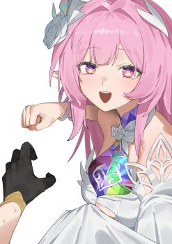 2girls :d clenched_hand cyrene_(honkai:_star_rail) cyrene_(ripples_of_past_reverie)_(honkai:_star_rail) dress flasso flower hair_flower hair_ornament highres honkai:_star_rail honkai_(series) long_hair looking_at_viewer multiple_girls open_mouth pink_hair purple_eyes rose simple_background smile solo_focus stelle_(honkai:_star_rail) trailblazer_(honkai:_star_rail) upper_body white_background white_dress white_flower white_rose