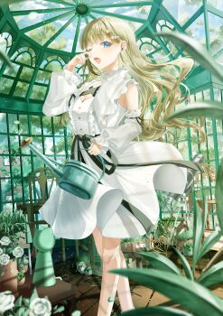 1girl absurdres blue_eyes cattleya_regina_games commentary_request detached_sleeves dress floating_hair frilled_dress frills green_hair greenhouse hanabusa_lisa hanabusa_lisa_(1st_costume) highres long_hair looking_at_viewer one_eye_closed open_mouth pearl_hair_ornament plant shinose_toki sleeveless sleeveless_dress solo telescope virtual_youtuber vspo! watering_can white_dress