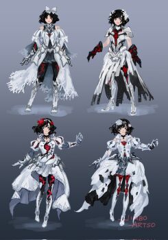 Rule 34 | 4girls, alternate costume, arm warmers, armor, armored boots, bare shoulders, black choker, black gloves, black hair, black leggings, boots, bow, breastplate, choker, commentary, detached sleeves, dress, english commentary, faulds, flower, gauntlets, gloves, greaves, grey background, grey eyes, grey skirt, grey trim, hair bow, hair flower, hair ornament, headband, high-low skirt, highres, jimboartso, leggings, medium hair, multiple girls, original, outstretched arms, pauldrons, plackart, pleated skirt, red trim, shoulder armor, showgirl skirt, signature, skirt, smile, undershirt, wavy hair, white arm warmers, white armor, white dress, white gloves, white skirt