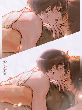 Rule 34 | 2boys, black hair, black shirt, blush, boy on top, close-up, commentary, dalchi09, english commentary, grin, hand on another's neck, highres, kim dokja, looking at another, lying, male focus, multiple boys, omniscient reader's viewpoint, on back, sexually suggestive, shirt, short hair, smile, t-shirt, toned, toned male, upper body, whispering, whispering in ear, white shirt, yaoi, yoo joonghyuk