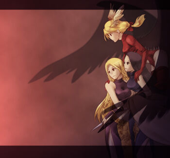 3girls alma_beoulve angel_wings bad_id bad_pixiv_id black_hair black_wings blonde_hair braid celia celia_(cosplay) cosplay dress final_fantasy final_fantasy_tactics head_wings killingrock lettie lettie_(cosplay) long_hair multiple_girls ovelia_atkascha side_braid side_slit thighhighs tietra_heiral ultima_(fft) ultima_(fft)_(cosplay) wings