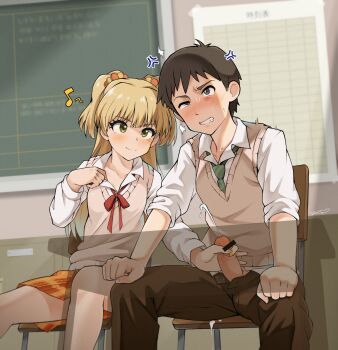 1boy 1girl anger_vein blonde_hair blush censored chair classroom cum ejaculation green_eyes handjob highres idolmaster idolmaster_cinderella_girls jougasaki_rika kim_da-yoon loli musical_note necktie orange_skirt pants penis school_uniform sitting skirt stealth_handjob stealth_sex sweater_vest twintails