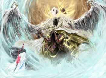 1boy 1girl battle black_hair black_skin branch centauroid chinese_clothes colored_skin commentary_request covered_face facing_away feathered_wings from_below grandmother_and_grandson guan_dao hair_ornament hair_stick hanfu hen_na highres holding holding_polearm holding_weapon hong_lu_(project_moon) jia_mu_(project_moon) korean_commentary limbus_company long_hair long_sleeves looking_up monster polearm project_moon robe size_difference standing talons taur very_long_hair water weapon white_hair white_hanfu white_robe white_wings wide_sleeves winged_arms wings yellow_robe