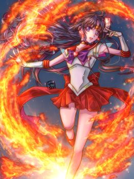 1girl artist_name back_bow bishoujo_senshi_sailor_moon black_hair blue_background blue_eyes bow brooch choker circlet commentary_request earrings elbow_gloves fire floating_hair foot_out_of_frame gloves gold_circlet hand_up heart heart_brooch hino_rei holding holding_ofuda jewelry leotard long_hair magical_girl ofuda open_mouth outstretched_arm purple_bow pyrokinesis red_bow red_choker red_sailor_collar red_shoes red_skirt sailor_collar sailor_mars sailor_senshi_uniform shoes short_sleeves skirt standing standing_on_one_leg star_(symbol) star_choker super_sailor_mars tuka_ryo white_gloves white_leotard