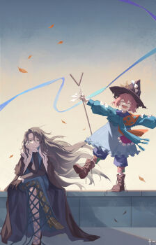 Rule 34 | 2girls, ^ ^, absurdres, ankle boots, artist name, autumn leaves, balancing, black cape, black gloves, black hair, black hat, black sleeves, blue dress, blue eyes, blue pants, blue ribbon, blue scarf, blue sky, boots, bored, brown footwear, brown hair, cape, closed eyes, closed mouth, crossed legs, dress, falling leaves, floating hair, flutterpage, frown, full body, furrowed brow, gloves, gradient sky, half-closed eyes, hand on own cheek, hand on own face, hat, head rest, headwear switch, highres, holding, holding rod, lace-up boots, leaf, long dress, long hair, long sleeves, looking at viewer, multiple girls, open mouth, outstretched arms, pants, pants under dress, prosthesis, prosthetic leg, relws, reverse:1999, ribbon, rod, scarf, short hair, side slit, single glove, sitting, sky, spread arms, standing, standing on one leg, straight-on, teeth, upper teeth only, willow (reverse:1999), witch hat, yellow sky