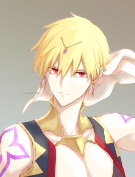 1boy armor artist_name bare_shoulders black_vest blonde_hair chain circlet closed_mouth earrings fate/grand_order fate_(series) gem gilgamesh gilgamesh_(caster)_(fate) gilgamesh_(fate) gold_armor gold_chain gold_earrings grey_background hair_between_eyes hand_up highres jewelry kamiya_(kamiya_000) looking_ahead male_focus open_clothes open_vest purple_gem red_eyes short_hair shoulder_tattoo simple_background solo tattoo upper_body v-shaped_eyebrows veil vest white_veil