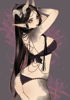 absurdres artist_name back bikini black_bikini black_bra black_hair black_panties black_sclera bra breasts claws colored_sclera commentary copyright_request cowboy_shot curled_horns english_commentary flower highres horns lingerie long_hair looking_at_viewer medium_breasts multiple_horns panties pointy_ears red_lips scale spider_lily straight_hair strapless strapless_bra swimsuit underwear underwear_only very_long_hair yiiande