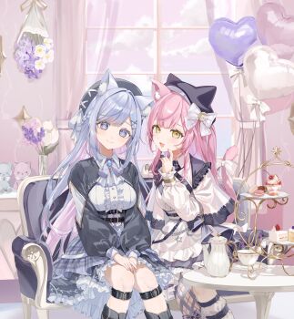 2girls absurdres animal_ears animal_hat aoi_sui apron belt belt_around_waist beret between_legs black_belt blue_gem blue_hair bow breasts cat_ears cat_hat closed_mouth clothing_request commentary couch crescent crescent_hair_ornament cup eyelashes flower frilled_apron frills gem hair_ornament hand_between_legs hand_up hat head_tilt highres indie_virtual_youtuber indoors knees leg_belt leg_warmers long_hair long_sleeves looking_at_viewer medium_breasts multicolored_hair multiple_girls munmosshu on_couch open_mouth parted_bangs pink_hair puffy_sleeves red_pupils roena sitting smile star_(symbol) teacup teapot virtual_youtuber white_bow x_hair_ornament yellow_eyes