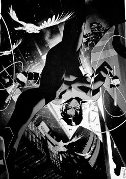 1boy batman_(series) bird bodysuit building city commentary commission dark dc_comics dick_grayson domino_mask english_commentary escrima_sticks eye_mask greyscale highres holding holding_weapon male_focus mask monochrome muscular muscular_male night nightwing short_hair simone_di_meo solo superhero_costume upside-down weapon