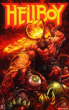 1boy abs balding battle black_hair blank_eyes bulging_eyes colored_skin daffduff demon_boy facial_hair fire flaming_sword flaming_weapon foreshortening frown guro hellboy hellboy_(comic) highres holding holding_sword holding_weapon horns huge_pectorals long_horns male_focus monster monster_boy muscular muscular_male mutton_chops nipples oversized_limbs red_skin red_theme shredded_muscles solo standing strongman_waist sword topless_male veiny_pectorals weapon yellow_eyes