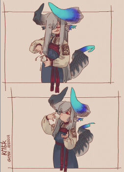 1girl :q animal_ears asymmetrical_horns blue_horns blue_tail broken_egg closed_eyes curled_horns dragon_girl dragon_horns dragon_tail dress drinking eating egg eggshell fingernails grey_hair grey_horns grey_tail hair_over_one_eye hands_up highres holding holding_egg horns kmbk long_hair long_sleeves looking_ahead mismatched_horns multicolored_horns multicolored_tail multiple_views original outside_border pinafore_dress red_eyes sequential sharp_fingernails shirt sleeveless sleeveless_dress tail tongue tongue_out twitter_username very_long_hair