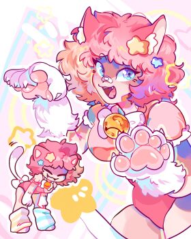 1girl :3 absurdres ahoge animal_ears animal_hands artist_self-insert bell blue_eyes bow bowtie breasts cat_ears cat_girl cat_paws cat_tail chibi chibi_inset claws commentary english_commentary fangs hair_ornament highres jingle_bell leotard looking_at_viewer medium_breasts messy_hair open_mouth original paw_pose pawpads pink_hair pink_leotard short_hair smile solo spybblez spybblez_(character) star_(symbol) star_hair_ornament tail white_bow white_bowtie