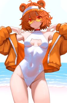 1girl ahoge animal_ears beach bear_ears bear_girl breasts cleavage_cutout closed_mouth clothing_cutout commentary covered_navel cowboy_shot crossed_bangs day double-parted_bangs expressionless gluteal_fold hair_between_eyes hands_on_own_shoulders highleg highleg_one-piece_swimsuit highres jacket long_sleeves looking_at_viewer medium_breasts ocean off_shoulder one-piece_swimsuit open_clothes open_jacket orange-tinted_eyewear orange_hair orange_jacket original outdoors shore short_hair solo standing sunglasses swimsuit tinted_eyewear visor_cap white_one-piece_swimsuit yan_(yan_kodiac) yan_kodiac