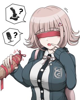 1boy 1girl 7cs_(congchuabuoito) :o black_jacket black_shirt blindfold breasts colored_blindfold controller danganronpa_(series) danganronpa_2:_goodbye_despair dress_shirt flipped_hair hair_ornament handjob hetero highres jacket joystick large_breasts long_sleeves medium_hair microphone nanami_chiaki neck_ribbon open_clothes open_jacket penis pink_ribbon ribbon shirt sleeves_past_wrists solo_focus speech_bubble two-tone_shirt veins veiny_penis