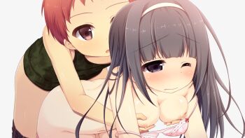 1boy 1girl all_fours aoi_aruma bent_over black_eyes black_hair blunt_bangs blush bra breasts cleavage closed_mouth clothed_male_nude_female clothes_pull collarbone cowboy_shot doggystyle embarrassed game_cg grabbing_another&#039;s_breast grabbing_from_behind green_tank_top grey_background groping hairband haruya_seitarou_(jissai_no_tokoro) hetero jissai_no_tokoro kodomo_doushi large_breasts large_variant_set long_hair nipples nude one_eye_closed parted_lips pink_bra raised_inner_eyebrows red_eyes red_hair sex sex_from_behind shinonome_mozuku_(jissai_no_tokoro) short_hair shorts shorts_pull sidelocks simple_background standing straight_hair tank_top tareme third-party_source underwear variant_set very_long_hair very_short_hair white_hairband