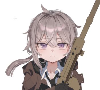 1girl ahoge black_gloves black_necktie blush bolt_action brown_coat cheytac_m200 coat collarbone collared_shirt crossed_bangs di_le_to double-parted_bangs dress_shirt girls&#039;_frontline gloves grey_hair gun hair_between_eyes hair_intakes highres holding holding_gun holding_weapon long_hair long_sleeves looking_at_viewer low_ponytail m200_(girls&#039;_frontline) necktie ponytail portrait purple_eyes rifle shirt sidelocks simple_background sniper_rifle solo weapon white_background white_shirt