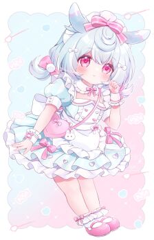 1girl alternate_costume animal_ears apron blue_dress blue_hair blush bow chiika_(cure_cherish) closed_mouth commentary dress enmaided frilled_apron frilled_hairband frills full_body genshin_impact hair_between_eyes hair_ornament hairband hand_up highres leaning_forward maid maid_headdress mary_janes melusine_(genshin_impact) pink_bow pink_shoes pom_pom_(clothes) pom_pom_hair_ornament puffy_short_sleeves puffy_sleeves red_eyes shoes short_sleeves sigewinne_(genshin_impact) socks solo white_apron white_bow white_hairband white_socks white_wrist_cuffs wrist_cuffs