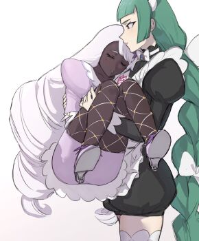 2girls apron black_romper blunt_bangs blush bow bowtie braid braided_ponytail carrying closed_mouth dark-skinned_female dark_skin dress fishnet_pantyhose fishnets gloves green_hair highres jacinthe_(pokemon) juliet_sleeves lebanne_(pokemon) long_braid long_hair long_sleeves low_drills maid maid_apron maid_headdress master_and_servant mega_stone multiple_girls nintendo pantyhose parted_lips pokemon pokemon_legends:_z-a princess_carry puffy_sleeves purple_dress purple_hair romper shoes tencryingemojis thighhighs tsurime very_dark_skin white_bow white_bowtie white_gloves white_thighhighs yuri