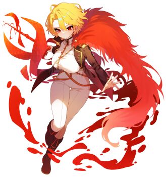 Rule 34 | 1girl, absurdres, black coat, black jacket, blonde hair, blood, breasts, coat, collared shirt, commentary, don quixote (project moon), feathers, highres, holding, holding weapon, jacket, lance, limbus company, long sleeves, looking at viewer, pants, parted bangs, pmchell 04, polearm, project moon, red eyes, red feathers, red fur, sancho (project moon), shirt, short hair, weapon, white background, white shirt