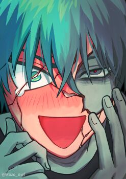 1boy absurdres alien_stage arms_up black_shirt blue_hair blush broken_mask cracked_kawaii_mask cracked_mask crew_neck grey_eyes highres kuzo_owl looking_at_viewer male_focus mask mismatched_eyes open_mouth shirt short_hair solo t-shirt till_(alien_stage) triangle_mouth twitter_username wide-eyed