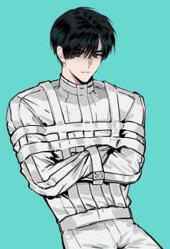 1boy akigawasou alien_stage black_eyes black_hair cowboy_shot fang highres kim_dokja looking_at_viewer male_focus omniscient_reader&#039;s_viewpoint parody red_pupils short_hair smirk solo straitjacket till_(alien_stage)