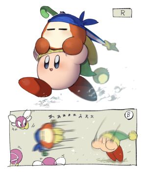 bandana bandana_waddle_dee blue_bandana blush_stickers bronto_burt button_prompt carrying_overhead closed_eyes colored_skin copy_ability gameplay_mechanics green_hat hat kirby kirby_battle_royale kirby_(series) magnesiumdance nintendo pink_skin pom_pom_(clothes) star_(symbol) sword_kirby throwing umbrella