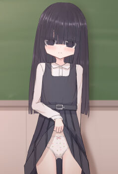 1girl belt black_belt black_dress black_eyes black_hair blush bow bow_panties chalkboard classroom clothes_lift clothes_writing crotch_seam dress dress_lift embarrassed eyes_visible_through_hair flat_chest floral_print hair_over_eyes loli long_hair long_sleeves looking_at_viewer original panties pink_bow print_panties school school_uniform shirt shooko sleeveless sleeveless_dress standing underwear white_panties white_shirt