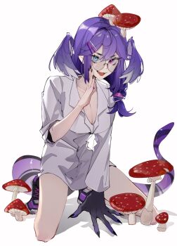 1girl blue_eyes breasts ccil chinese_commentary cleavage dragon_girl dragon_tail glasses hair_behind_ear hair_ornament hairclip head_wings heterochromia highres looking_at_viewer medium_breasts mushroom mushroom_on_head nijisanji nijisanji_en pointy_ears purple_eyes purple_shoes round_eyewear selen_tatsuki shadow shirt shoes smile sneakers solo squatting tail virtual_youtuber white_shirt wings