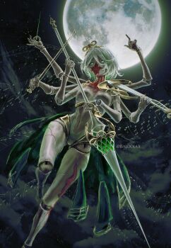 1girl absurdres baloolax blood bow_(music) breasts cecilia_immergreen cloud conductor_baton deep_wound doll_joints extra_arms full_moon green_eyes green_hair hair_between_eyes highres holding holding_baton holding_bow_(music) holding_instrument holding_polearm holding_violin holding_weapon hololive hololive_english horror_(theme) injury instrument joints lance looking_at_viewer midair moon musical_note musical_staff night outdoors polearm small_breasts solo teeth violin virtual_youtuber weapon white_hair winding_key