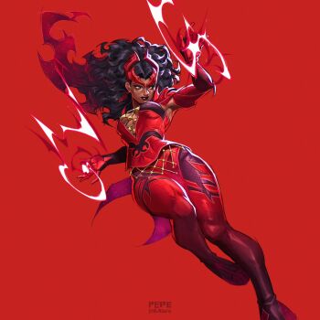 1girl artist_name avengers_(series) black_hair boots breasts brown_lips cleavage_cutout clothing_cutout commentary curly_hair dark-skinned_female dark_skin dress earrings elbow_gloves english_commentary fishnet_pantyhose fishnets floating_hair gloves gradient_hair highres jewelry long_hair looking_to_the_side magic marvel marvel_rivals medium_breasts multicolored_hair official_alternate_costume pantyhose parted_lips pepedraws purple_pantyhose red_background red_dress red_gloves red_hair red_shoes red_theme scarlet_witch scarlet_witch_(emporium_matron) shoes side_slit solo strapless strapless_dress thigh_boots yellow_eyes