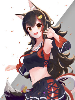 Rule 34 | 1girl, absurdres, animal ear fluff, animal ears, black hair, black shirt, black skirt, claw pose, commentary request, hair ornament, hairpin, highres, hololive, long hair, looking at viewer, ookami mio, ookami mio (1st costume), red streaks, shirt, skirt, smile, solo, tail, u da desu, virtual youtuber, wolf ears, wolf girl, wolf tail, yellow eyes