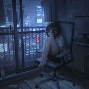 1girl artist_name barefoot black_hair blurry blurry_background cable can catzz chair city_lights closed_mouth clothes_hanger clothes_writing commentary computer computer_keyboard computer_tower curtains digital_media_player earbuds earphones english_commentary full_body hands_on_own_knees hands_up highres indoors knees_up medium_hair monitor night original ringed_eyes scenery shirt short_sleeves shorts sitting solo swivel_chair t-shirt toes water_on_glass window